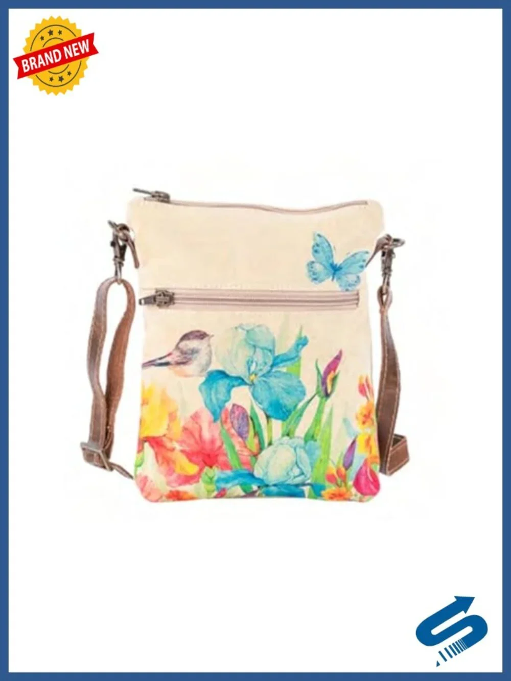 Canvas Sling Bag with Printed Bird Floral Design